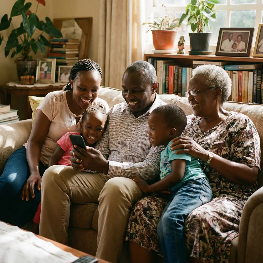 Family in Africa smiling while looking at smartphone after receiving money