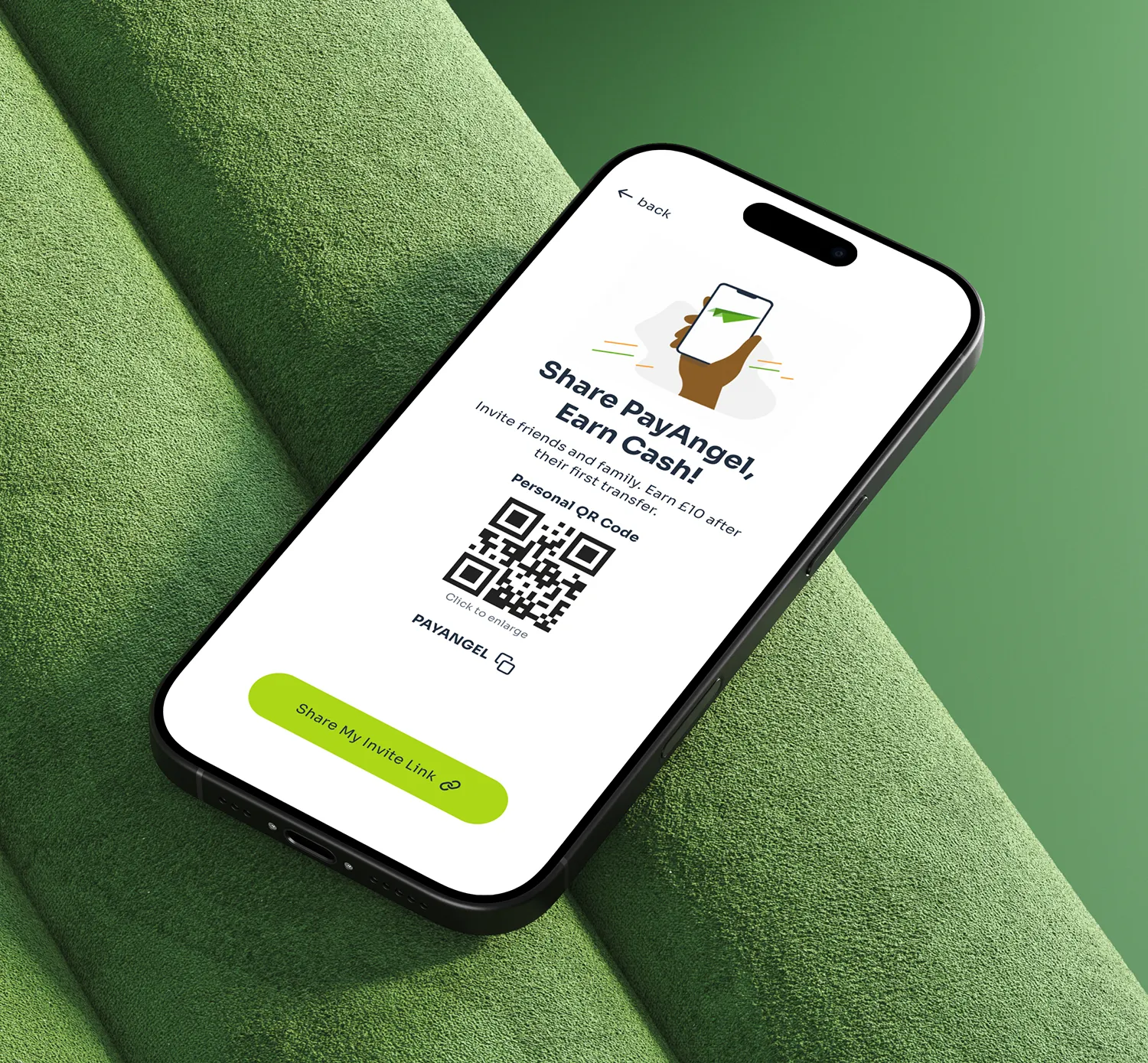PayAngel refer a friend screen showing QR code and earn cash rewards feature